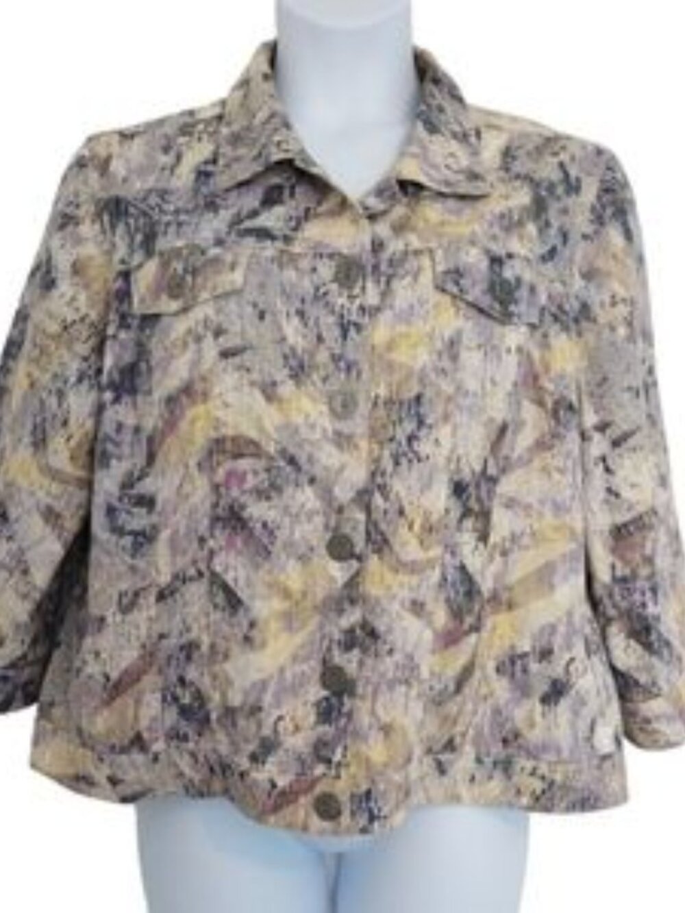 Chico's Abstract Watercolor Print Linen Jacket | Size 2 (L) | 3/4 Sleeve | Sprin